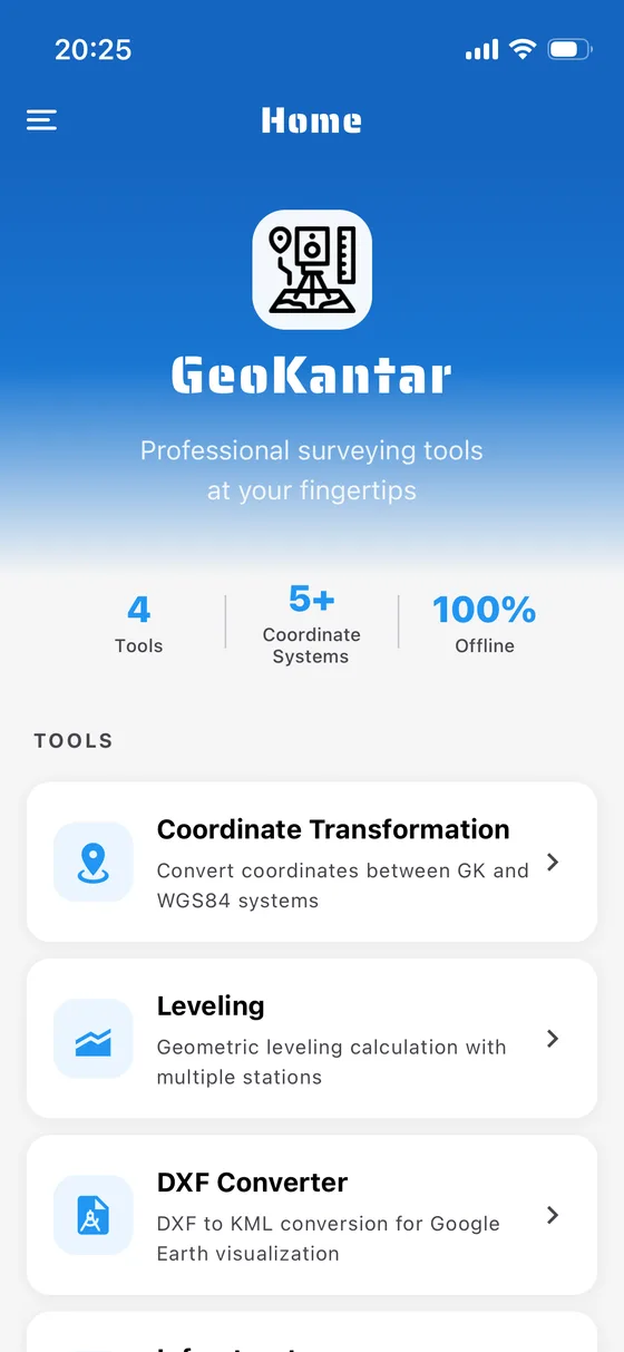 GeoKantar surveying app for coordinate transformation and DXF export