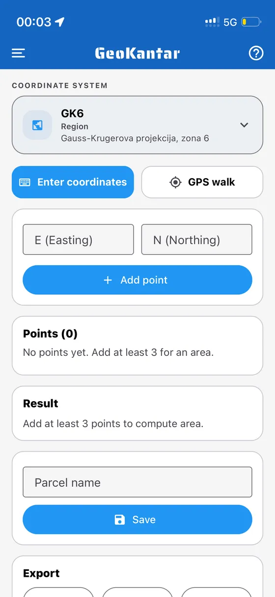 GeoKantar — parcel area and perimeter computation