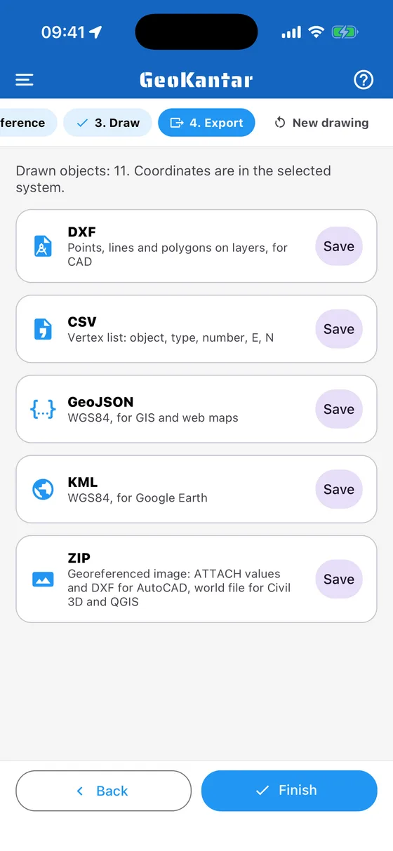 GeoKantar: Izvoz: DXF, CSV, GeoJSON, KML ili georeferencirana slika kao ZIP.