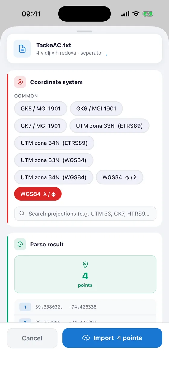 GeoKantar: Izbor koordinatnog sistema fajla, GK, UTM ili WGS84, i provjera pročitanih tačaka prije uvoza.