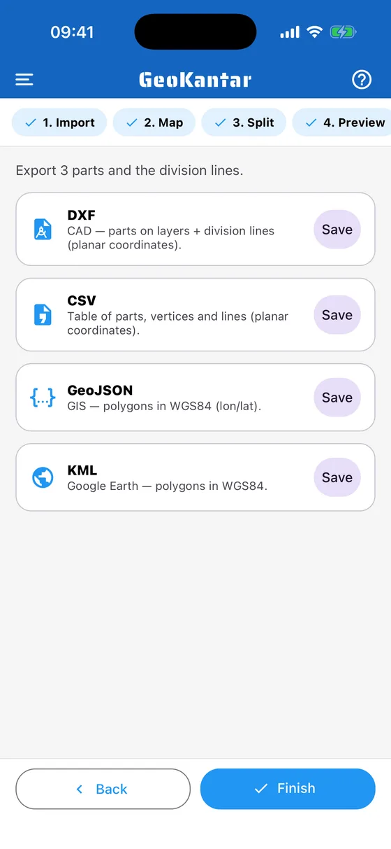 GeoKantar: Izvoz u DXF, CSV, GeoJSON ili KML.