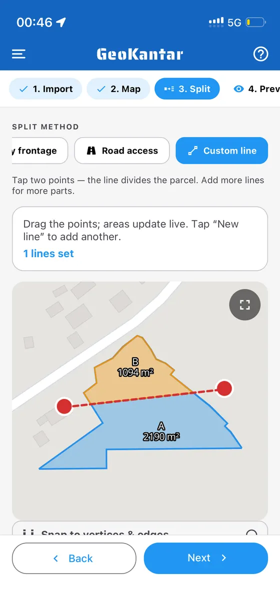 GeoKantar — parcel subdivision, import and split