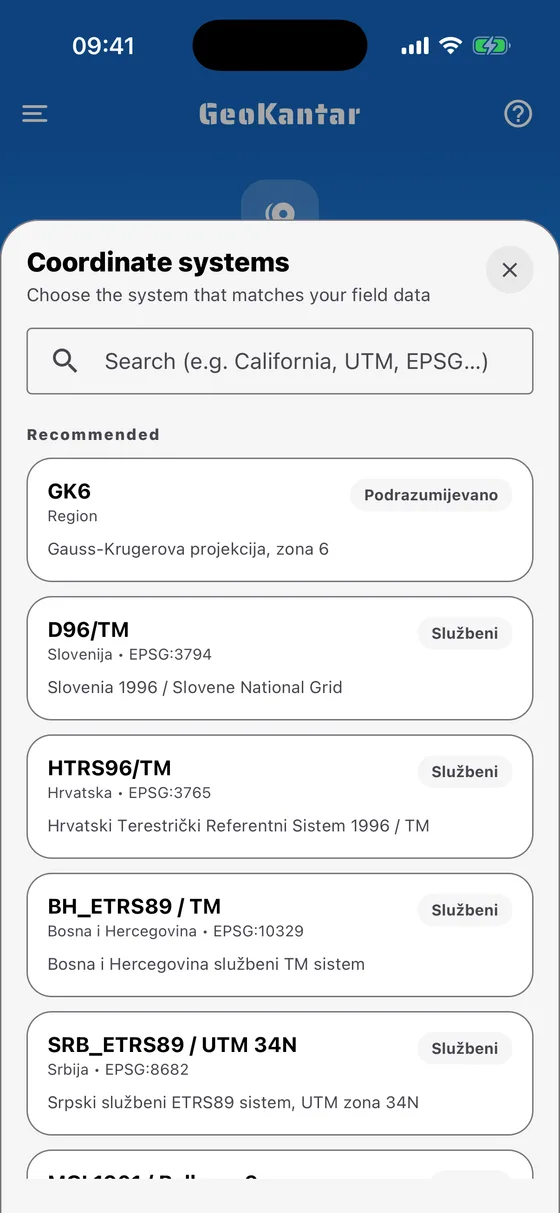 GeoKantar: Izbor sistema: pretraga po nazivu, regiji ili EPSG kodu.